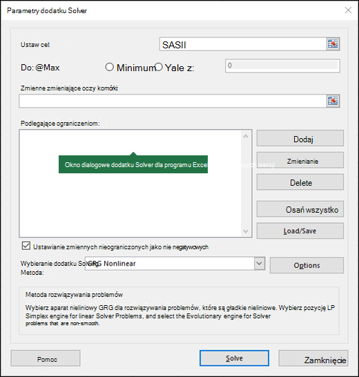 Obraz przedstawiający okno dialogowe dodatku Solver dla programu Excel w wersjach nowszych niż 2010