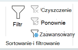 Zrzut ekranu przedstawiający sekcję Sortowanie i filtrowanie na karcie Dane