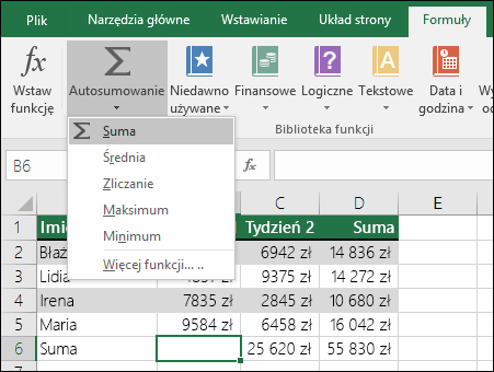 Za pomocą Kreatora autosumowania możesz automatycznie utworzyć formułę sumy. Zaznacz zakres powyżej/poniżej lub z lewej/z prawej strony zakresu do zsumowania i przejdź do karty Formuła na Wstążce, a następnie wybierz pozycję Autosumowanie & SUMA.