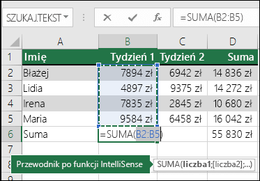 Komórka B6 przedstawia formułę sumy autosumowania: =SUMA(B2:B5)