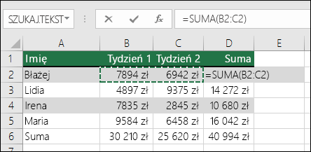 Komórka D2 przedstawia formułę sumy autosumowania: =SUMA(B2:C2)