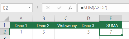 Przykład przedstawia automatyczne rozszerzanie formuły z =SUMA(A2:C2) na =SUMA(A2:D2) po wstawieniu kolumny