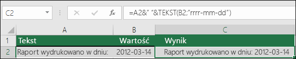 Przykład łączenia tekstu za pomocą funkcji TEKST
