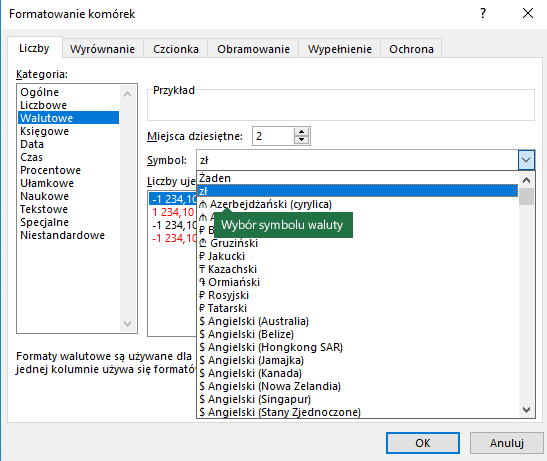 Wybieranie symbolu waluty w oknie dialogowym Formatowanie komórek