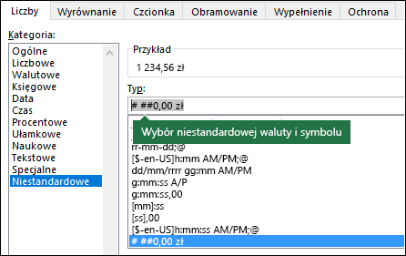 Funkcja TEKST — waluta niestandardowa z symbolem