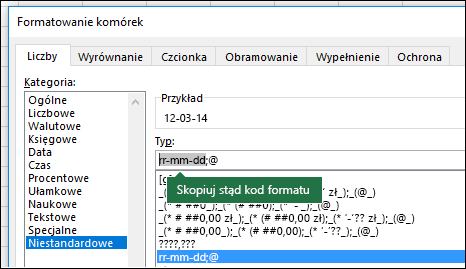 Przykład użycia niestandardowego okna dialogowego Formatowanie > komórek > numeracji > w celu utworzenia ciągów formatu w programie Excel.