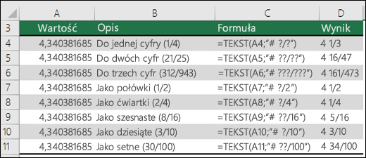 Kody formatów dla ułamków