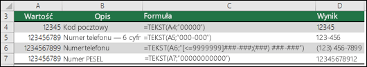 Formaty specjalne funkcji TEKST