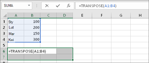 =TRANSPONUJ(A1:B4)