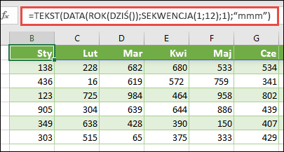 Użyj kombinacji funkcji TEKST, DATA, ROK, DZIŚ i SEKWENCJA, aby utworzyć dynamiczną listę 12 miesięcy