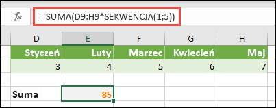 Używanie stałych tablicowych w formułach. W tym przykładzie użyto funkcji =SUMA(D9:H(*SEKWENCJA(1;5))