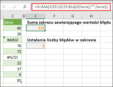 Używaj tablic do radzenia sobie z błędami. Na przykład formuła =SUMA(JEŻELI(CZY.BŁĄD(Dane);;Dane) zsumuje zakres o nazwie Dane, nawet jeśli zawiera błędy, takie jak #VALUE! lub #NA!.