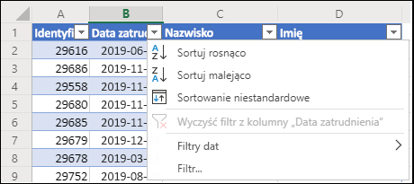 Sortowanie w kolejności rosnącej lub malejącej za pomocą filtru tabeli programu Excel