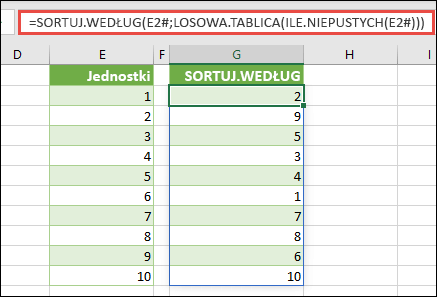 Użycie funkcji SORTBY wraz z RANDARRAY i ILE.NIEPUSTYCH. W tym przypadku E2# odwołuje się do całego zakresu, począwszy od komórki E2, podczas którego został wypełniony przy użyciu funkcji =SEQUENCE(10). Znak # nazywa się operatorem zakresu rozlanego.