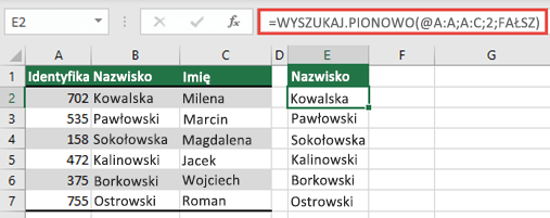 Użyj operatora @ i skopiuj w dół: =WYSZUKAJ.PIONOWO(@A:A;A:C;2;FAŁSZ). Ten styl odwołania będzie działać w tabelach, ale nie zwróci tablicy dynamicznej.