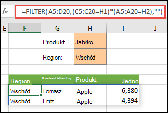 Użycie funkcji FILTRUJ z operatorem mnożenia (*) w celu zwrócenia wszystkich wartości w zakresie tablicy (A5:D20), które zawierają Jabłka ORAZ leżą w regionie Wschód.