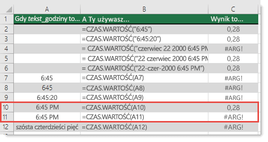 Dane wyjściowe różnych funkcji CZAS.WARTOŚĆ