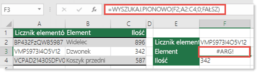 Gdy wartość argumentu nr_indeksu_kolumny jest mniejsza niż 1, wyświetlany jest błąd #ARG!