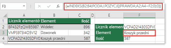 Jeśli używasz funkcji INDEKS/PODAJ.POZYCJĘ, gdy szukana wartość jest większa niż 255 znaków, musi zostać wprowadzona jako formuła tablicowa. Formuła w komórce F3 to =INDEKS(B2:B4;PODAJ.POZYCJĘ(PRAWDA;A2:A4=F2;0);0) i jest wprowadzana przez naciśnięcie klawiszy Ctrl+Shift+Enter