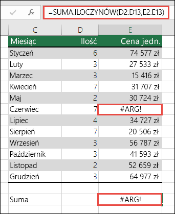 Formuła w komórce E15 pokazuje błąd #ARG!, ponieważ w kolumnie E występuje błąd #ARG!.
