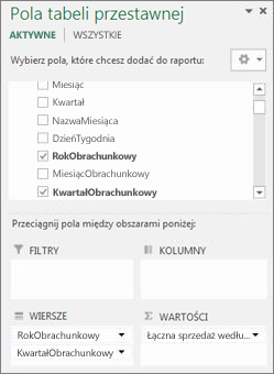 Lista pól tabeli przestawnej tabeli przestawnej