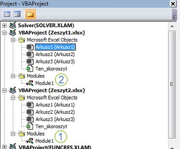 Okienko Eksplorator projektu języka VBA z wyświetlonymi drzewami projektów dla projektów VBAProject Book1.xlsm i VBAProject Book2.xlsm. Numer 1 oznacza Moduł1 w folderze Moduły Book2.xlsm, a numer 2 oznacza folder Moduły w folderze Book1.xlsm, wskazując, gdzie należy przeciągnąć moduł, aby go skopiować.