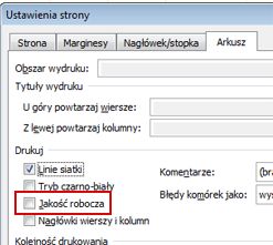 Karta Arkusz w oknie dialogowym Ustawienia strony