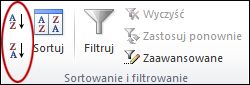 Przyciski sortowania w grupie Sortowanie & filtru na karcie Dane w programie Excel