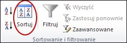 Polecenie Sortuj w grupie Sortuj filtr & na karcie Dane w programie Excel