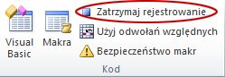 Polecenie Zatrzymaj rejestrowanie w grupie Kod na karcie Deweloper