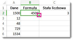 Zielony kwadrat w dolnym prawym rogu komórki B2