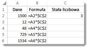 Dane w kolumnie A, formuła w kolumnie B z symbolami $ i liczba 3 w kolumnie C