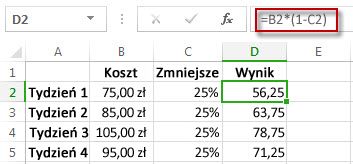 Wynik mnożenia przez wartość procentową w kolumnie D