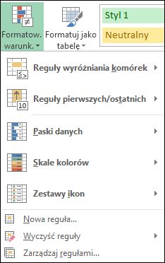 Menu Formatowanie warunkowe z podświetloną pozycją Zarządzaj regułami
