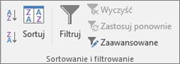 The Sort & Grupa Filtrowanie na karcie Dane