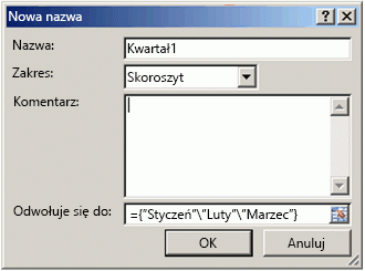 Okno dialogowe Edytowanie nazwy z formułą