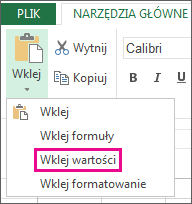Polecenie Wklej z widoczną pozycją Wklej wartości w aplikacji Excel Web App