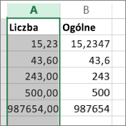 przykładowy wygląd liczb w różnych formatach, takich jak Liczba i Ogólne.