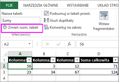 Używanie opcji zmiany rozmiaru tabeli na karcie Narzędzia tabel
