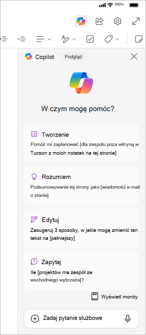 Uzyskiwanie dostępu do przycisku Copilot w aplikacji OneNote dla systemu iOS