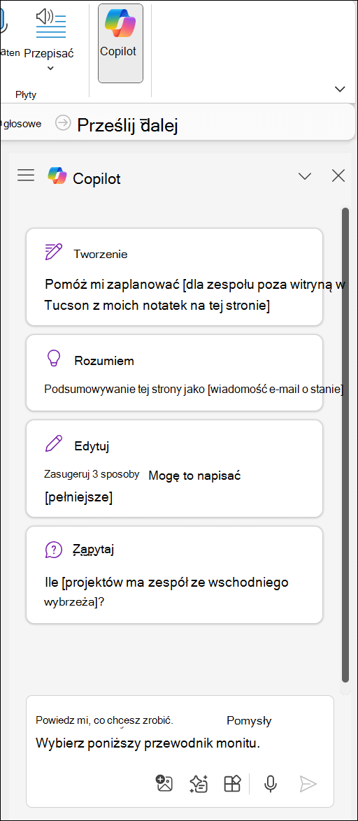 Okienko funkcji Copilot w programie OneNote po prawej stronie strony.