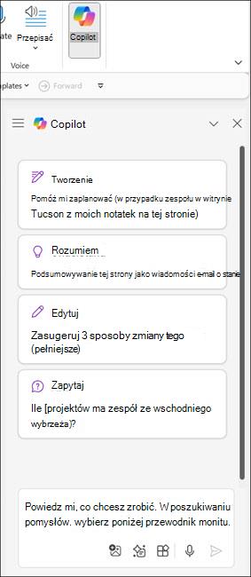 Zrzut ekranu przedstawiający okienko Copilot w programie OneNote
