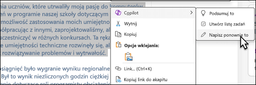 Część tekstu zaznaczona w programie OneNote. Zostanie wyświetlone menu kontekstowe z wybraną pozycją Copilot i ponownie wpisz tę wybraną pozycję w podmenu.