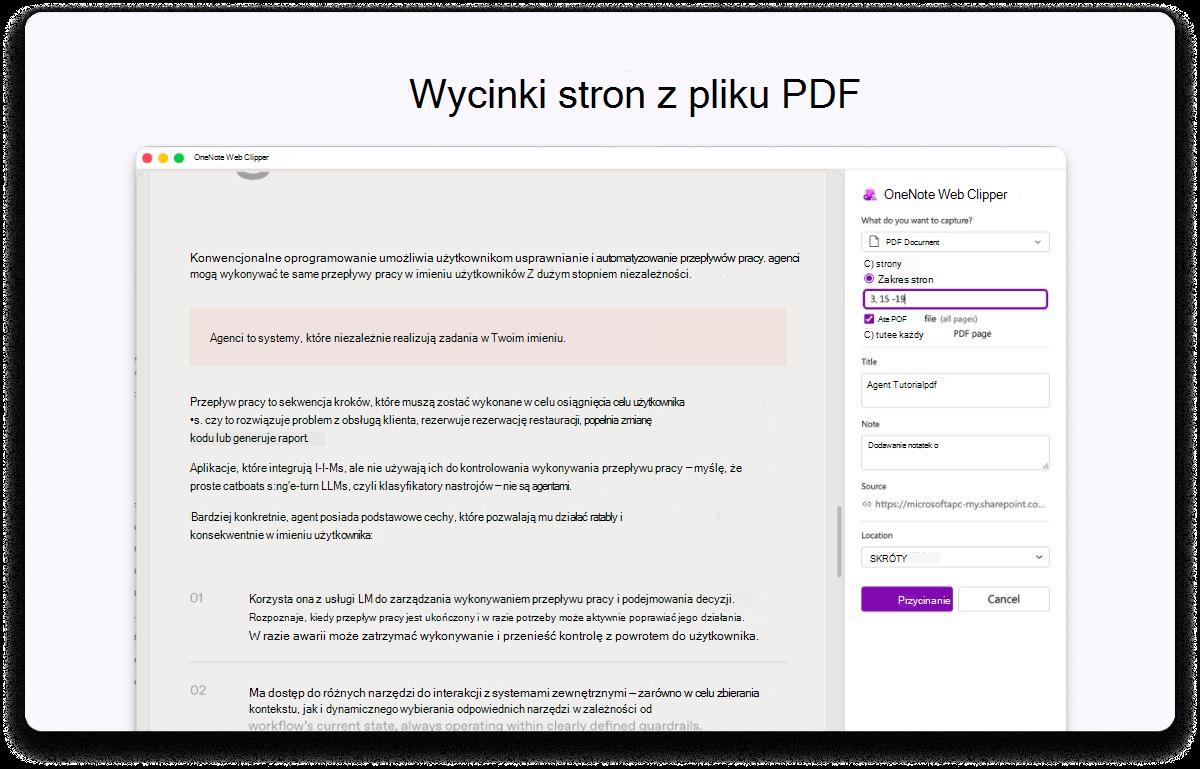 Zrzut ekranu przedstawiający stronę PDF z panelem bocznym ustawień. Tekst u góry informuje o wycinku stron z pliku PDF.