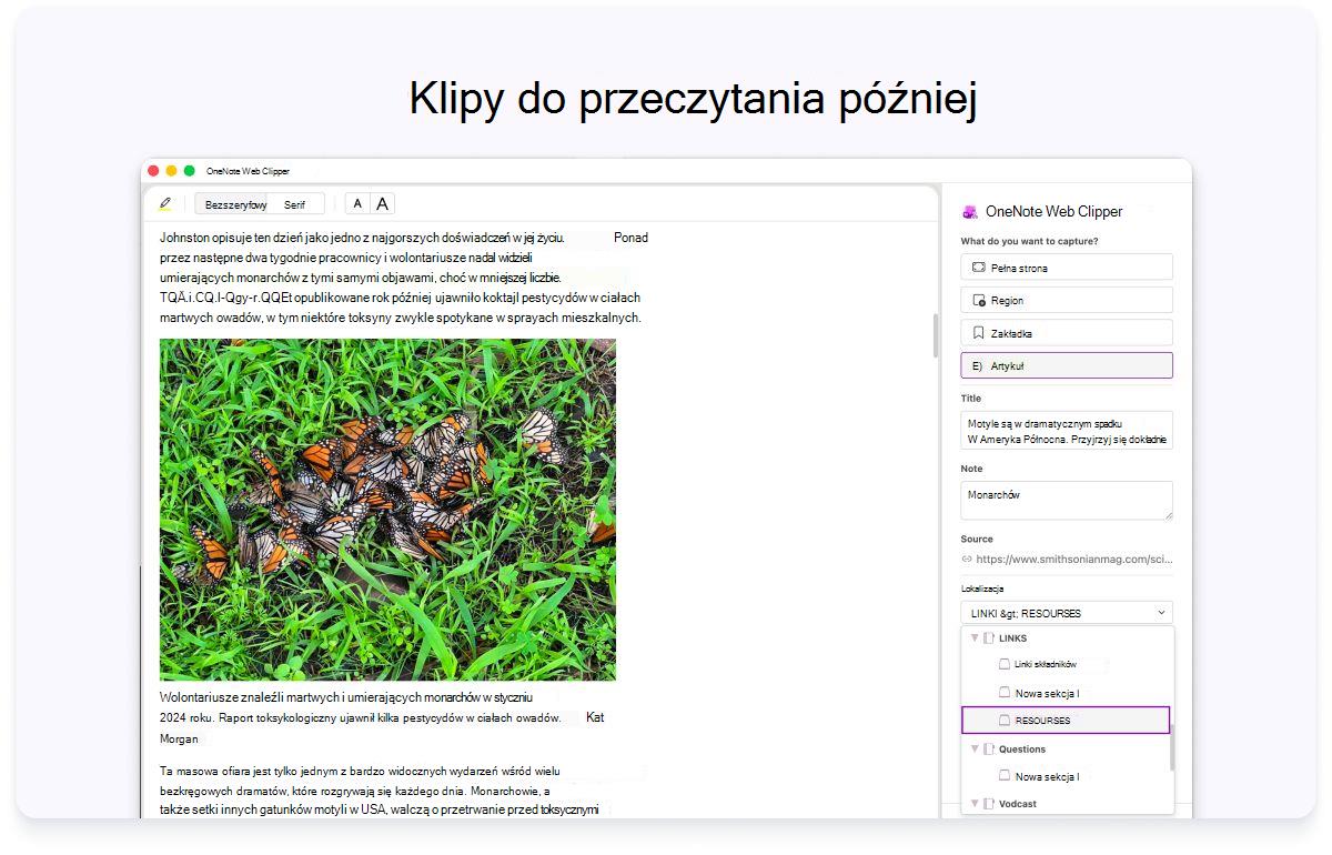 Zrzut ekranu przedstawiający stronę internetową z panelem bocznym ustawień. Tekst u góry mówi, aby wycinki artykułów do przeczytania później.