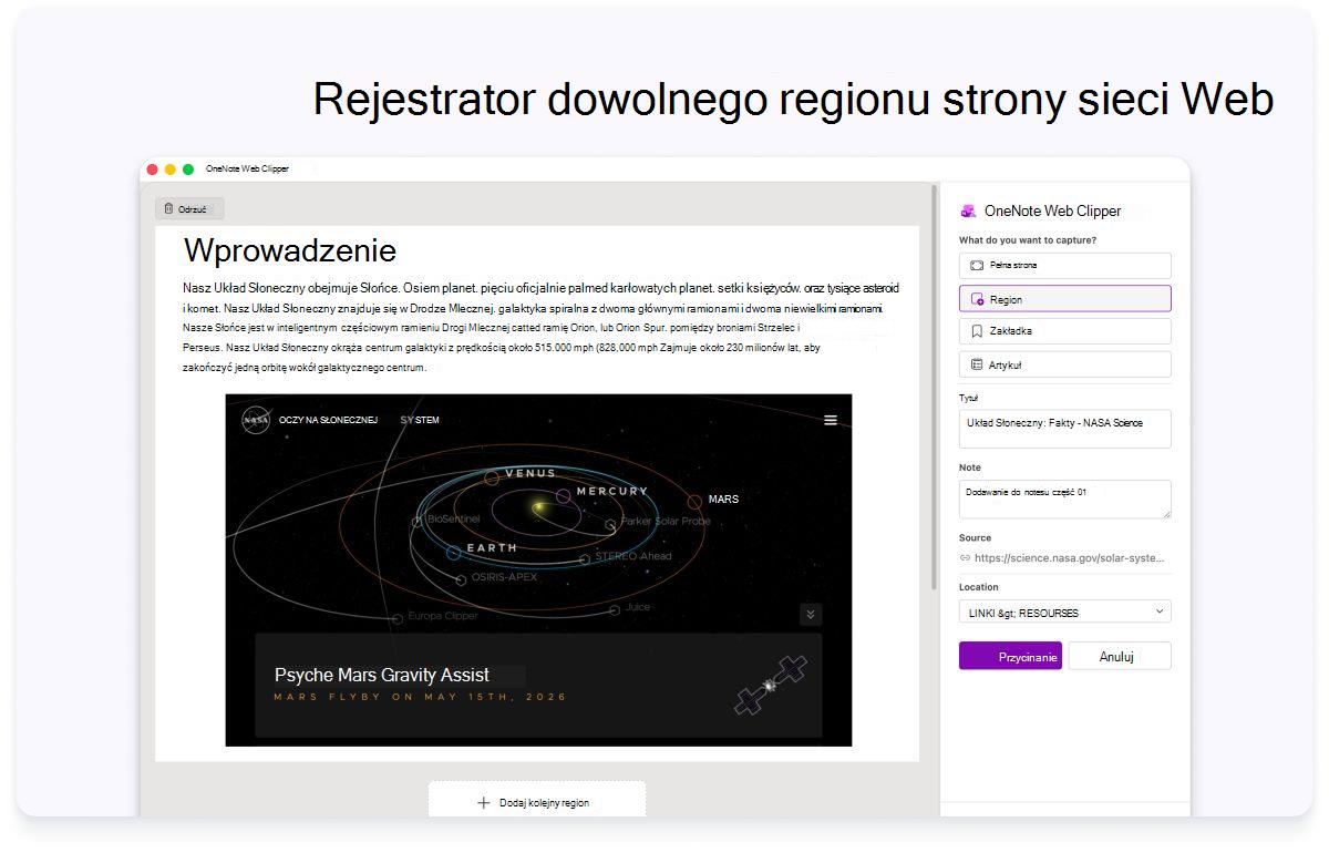Zrzut ekranu przedstawiający wprowadzenie do strony internetowej z panelem bocznym ustawień. Tekst u góry mówi, aby przechwycić dowolny region strony internetowej.