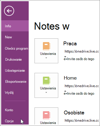 Opcje programu OneNote