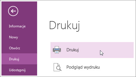Strony programu OneNote można drukować za pomocą menu Drukuj.