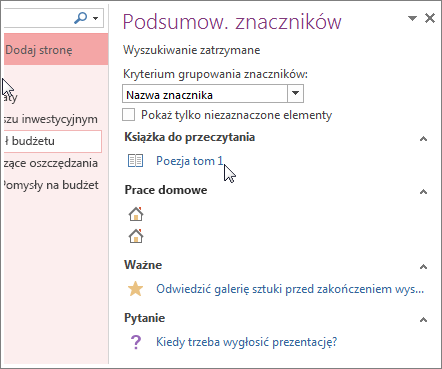 Wyszukiwanie notatek oznaczonych tagami w okienku Podsumowanie tagów