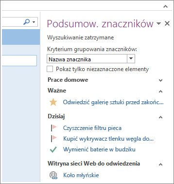 Okienko Podsumowanie znaczników umożliwia szybkie przejrzenie zadań.